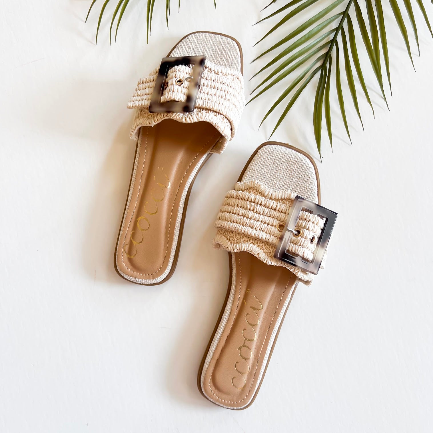 Leslie Sandal with textured strap and oversized buckle on white background with green palm leaves