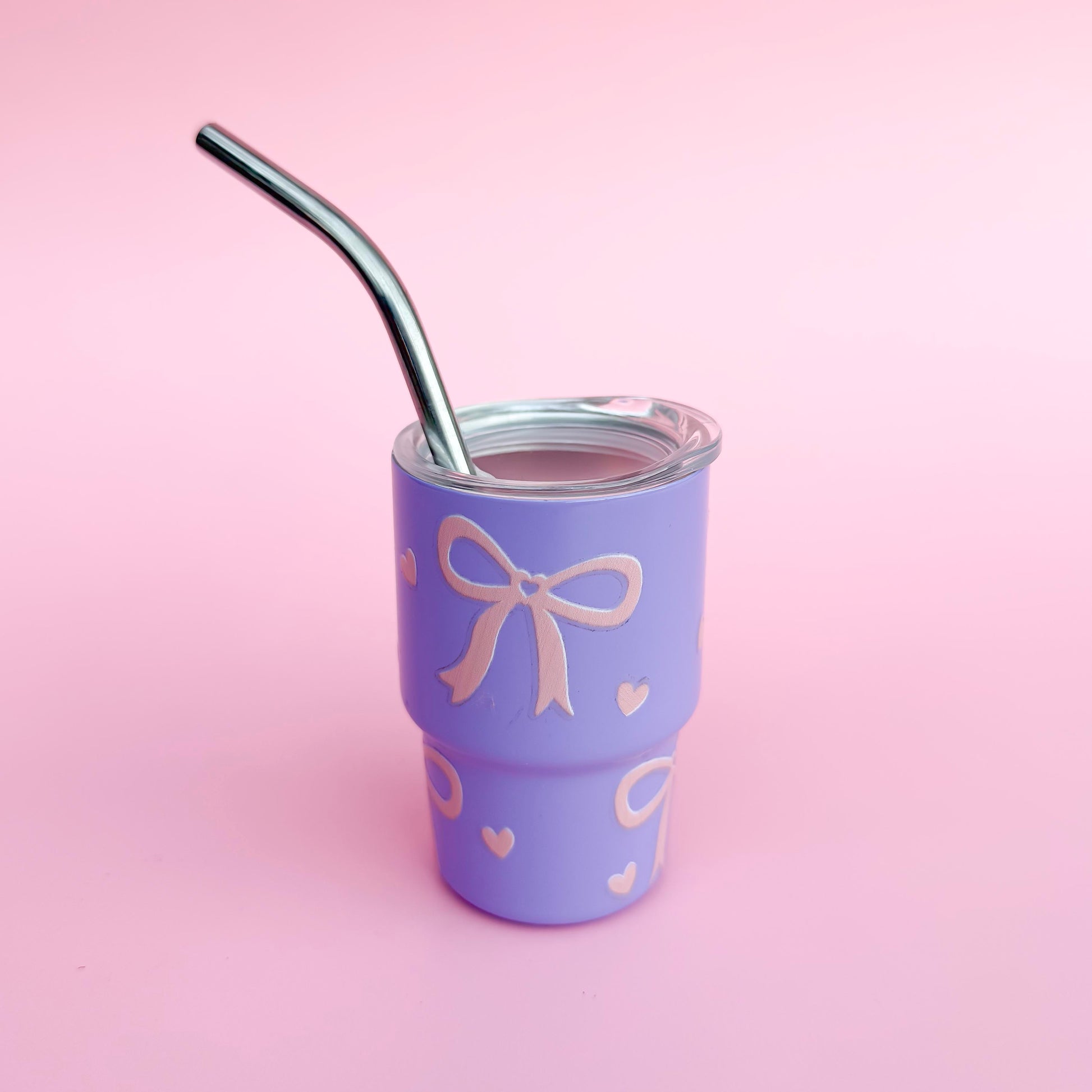 Small stainless steel Lavender cup with a pink bow design, reusable straw, and spill-proof lid, ideal for Valentine’s Day gifts or party favors